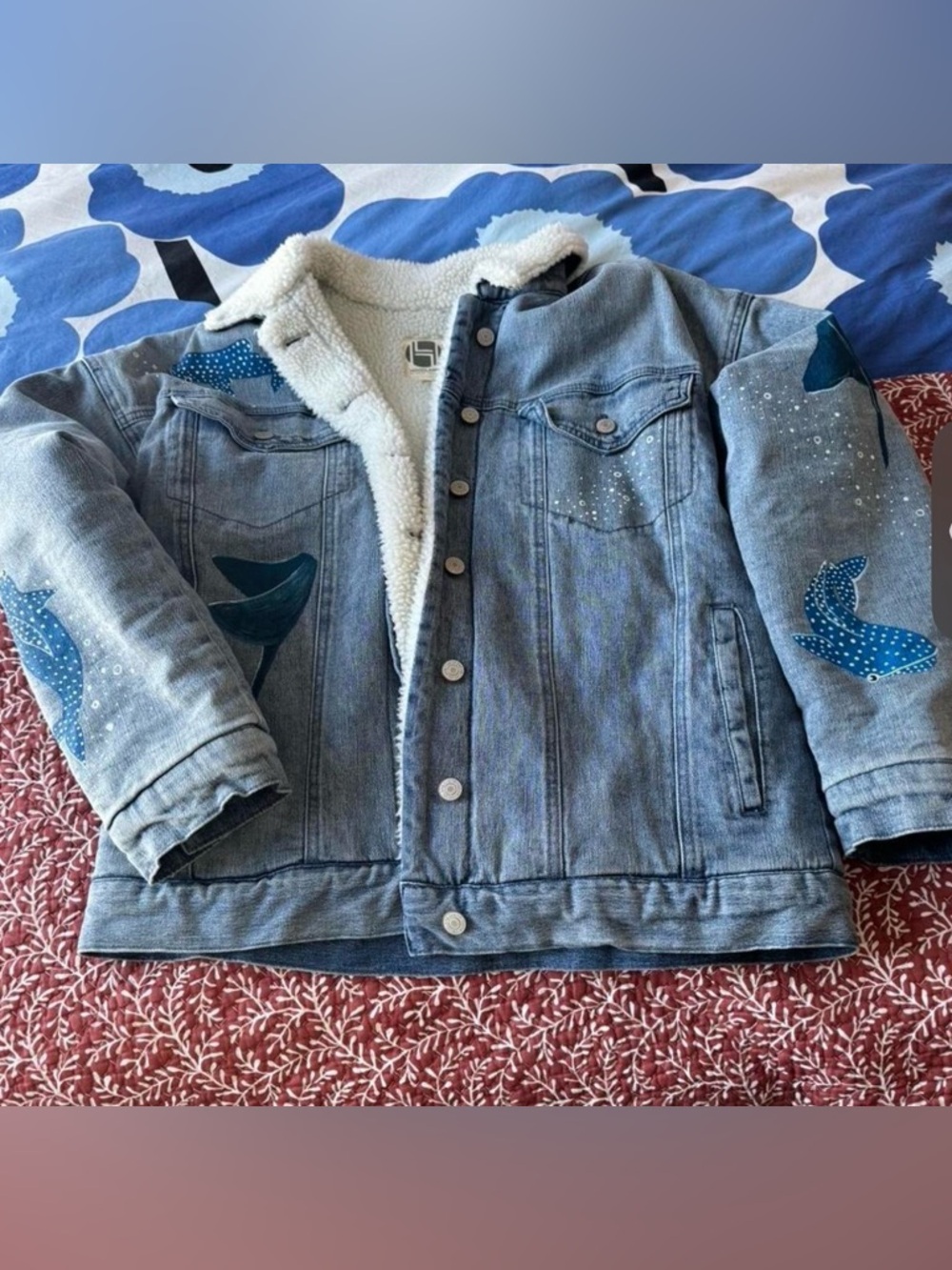 Ocean life hoodlamb hemp handpainted denim jacket - We Are Hairy People